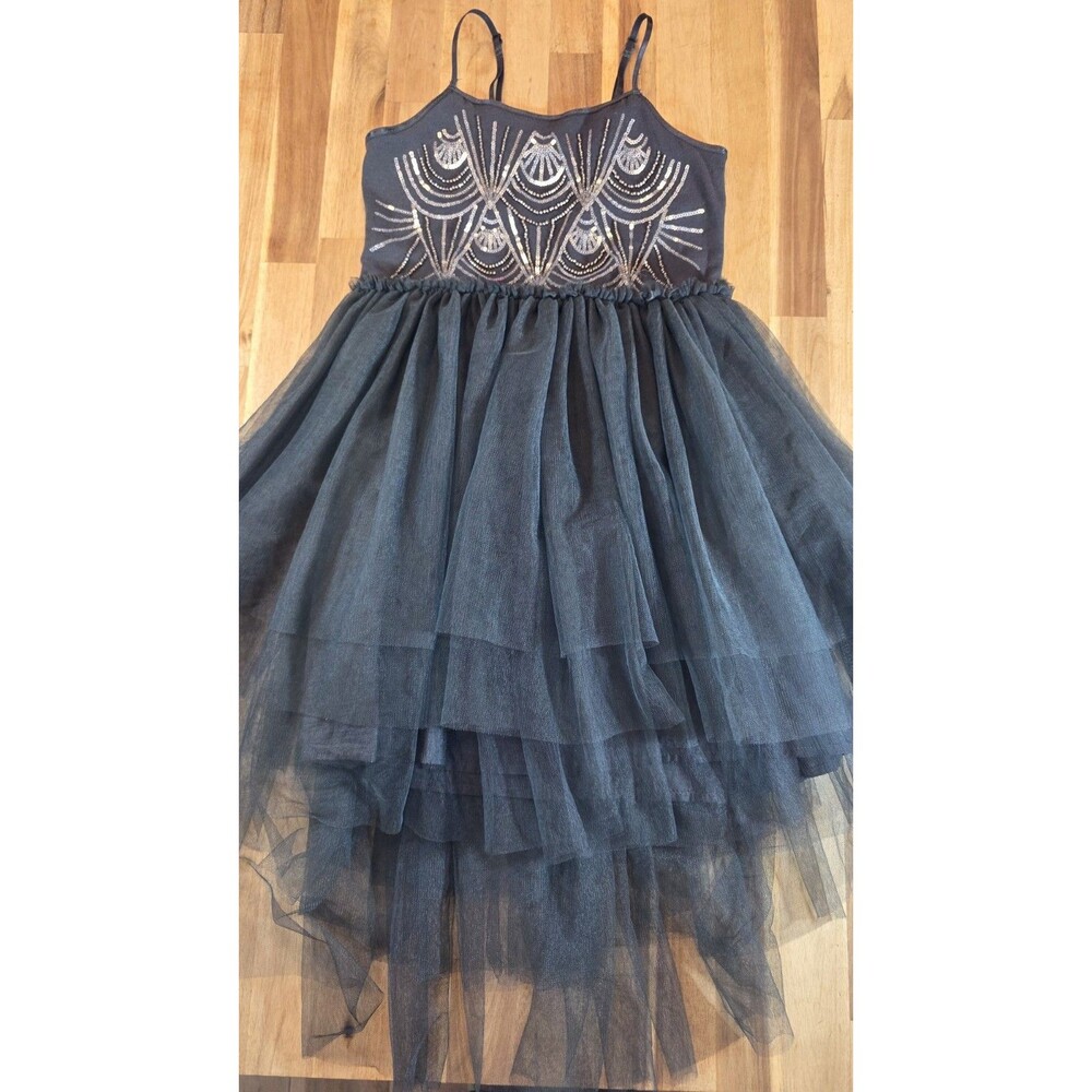 ​COTTON-ON Kids Sequin Tulle Twirl Dress Sz 8 Charcoal Gray Tiered Party Dance